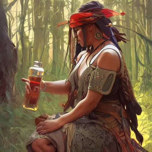 Image similar to Apache warrior preparing magic potion, highly detailed, digital painting, artstation, concept art, sharp focus, illustration, art by artgerm and greg rutkowski and alphonse mucha