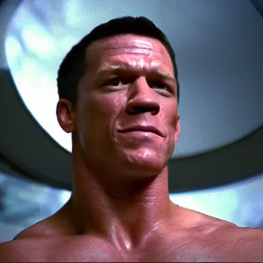 Prompt: film still close - up shot of john cena as tony montana, photographic, photography