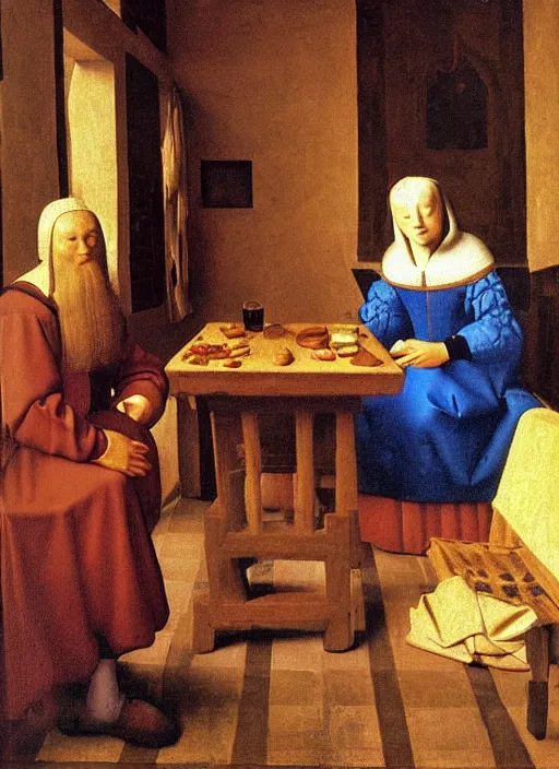 Image similar to Young man sitting at the table with young pretty blonde girl at the crowded inn. Medieval painting by Jan van Eyck, Johannes Vermeer, Florence