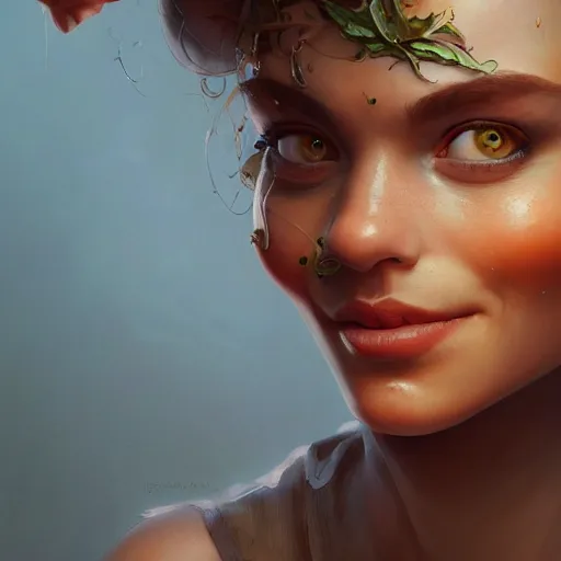 Prompt: an insanely detailed portrait of a beautiful woman facing you, highly detailed features, smiling, cutting vegetables, kitchen in background, in the style of peter mohrbacher, artgerm, dramatic lighting and composition, octane render, trending on artstation, concept art 8 k