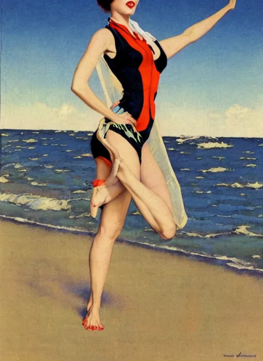 Image similar to a pin up girl doing yoga with a futuristic kimono in middle of the beach by norman rockwell and jack vettriano art nouveau aesthetic