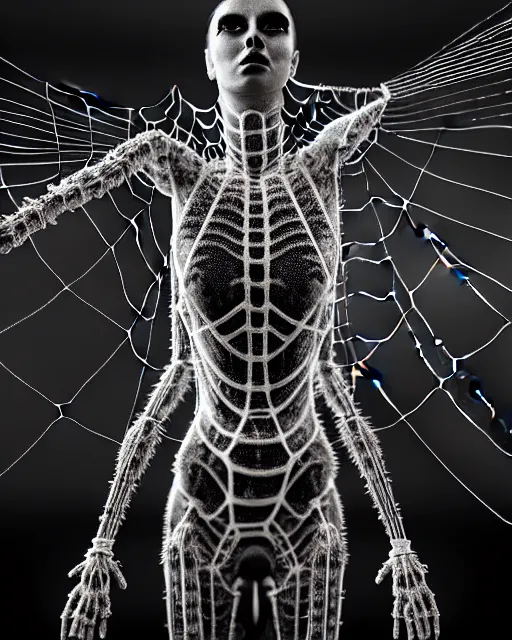 Image similar to black and white cyborg-plant goddess high quality photo, artificial intelligence, bio-mechanical bio-luminescence, artificial complex spider web, neurons, nerve cells, octane render, cinematic, rim light, hyper realism, photo-realistic, high detail, 8k, in the style of Steven Meisel and Dora Maar and H.G. Giger