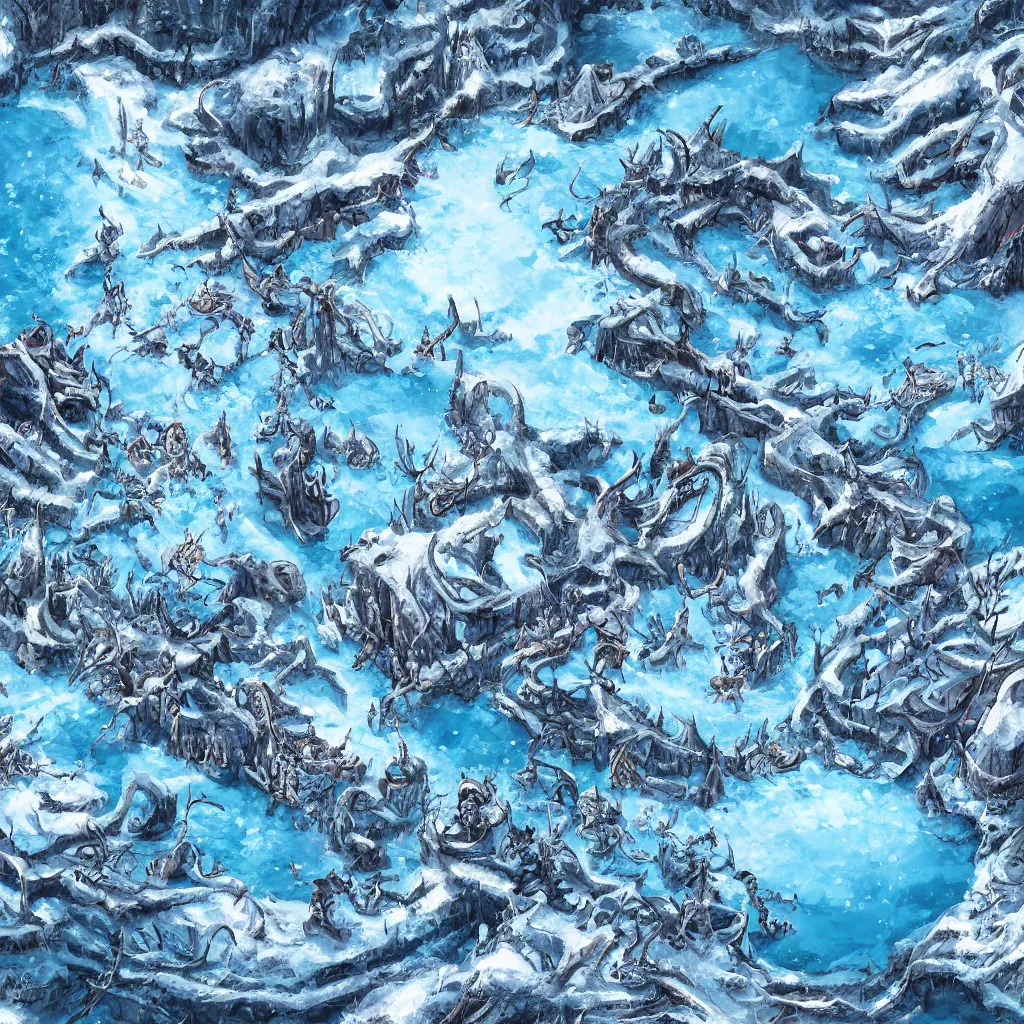 Prompt: a d & d background of a frozen lake with monsters beneath the ice, viewed from above, high quality digital art, illustration, gridless, vivid, blue tones, oil painting, trending on arstation, oil painting