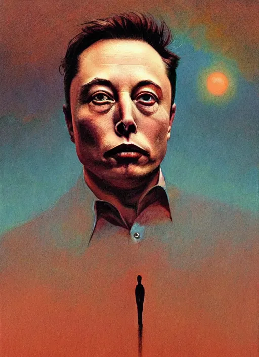 Image similar to A painting of Elon Musk in style of Beksinski. Very detailed