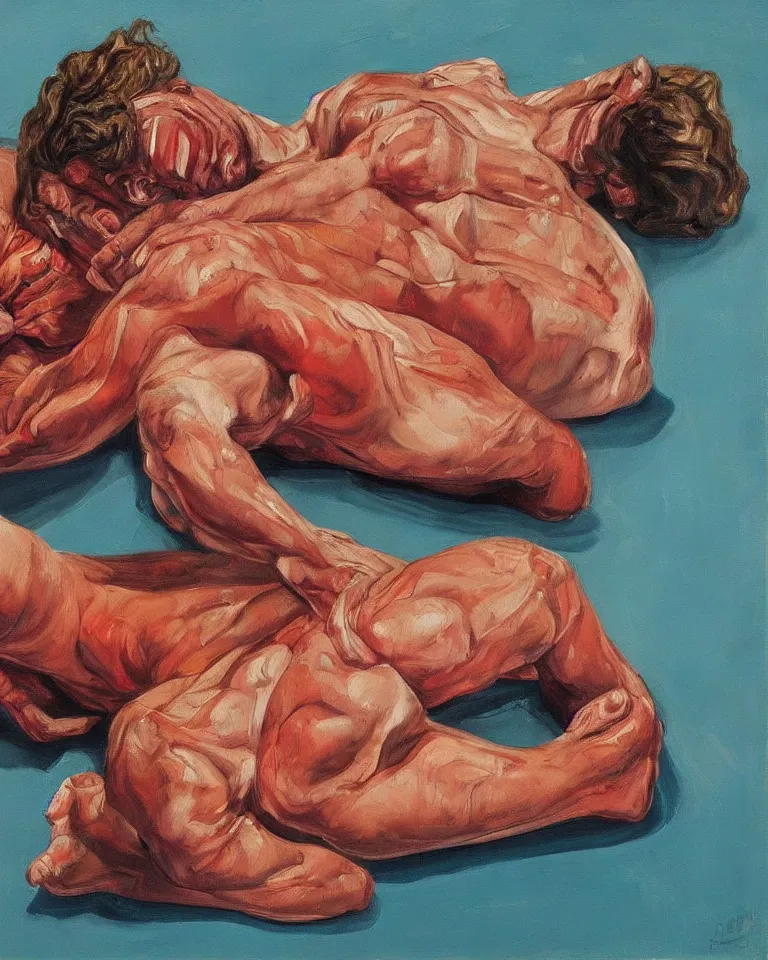 Image similar to high quality painting by lucian freud, hd, high contrast, fine details, hd, red, dark cyan, purple