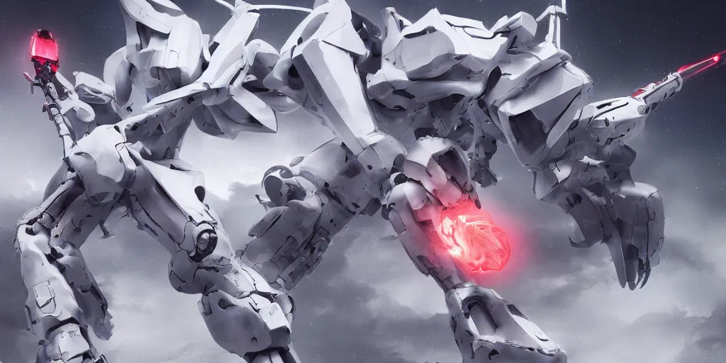 Prompt: white mecha armed with a long and thin lance fights against a giant horrifying tentacles monster made of real flesh, dark stellar space, highly detailed, flashy red lights, tsutomu nihei style, rendered in blender