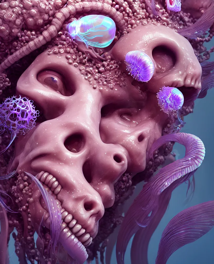 Image similar to goddess princess face close-up portrait ram skull. jellyfish phoenix head, nautilus, orchid, skull, betta fish, bioluminiscent creatures, intricate artwork by Tooth Wu and wlop and beeple. octane render, trending on artstation, greg rutkowski very coherent symmetrical artwork. cinematic, hyper realism, high detail, octane render, 8k