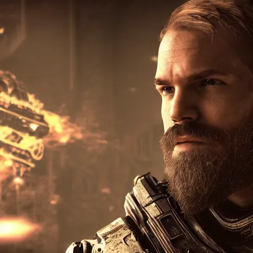 Prompt: Portrait of pewdiepie in Gears of War, splash art, movie still, cinematic lighting, dramatic, octane render, long lens, shallow depth of field, bokeh, anamorphic lens flare, 8k, hyper detailed, 35mm film grain