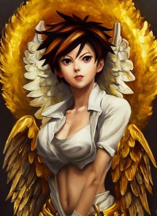 Prompt: full body oil painting of tracer overwatch in the style of sophie anderson, angel wings, angelic golden armor, dramatic painting, symmetrical composition, ornate, golden chains, high detail, gold detailed collar!!!!!, blooming, angelic, lights, flowers, heavenly, bright, detailed face,