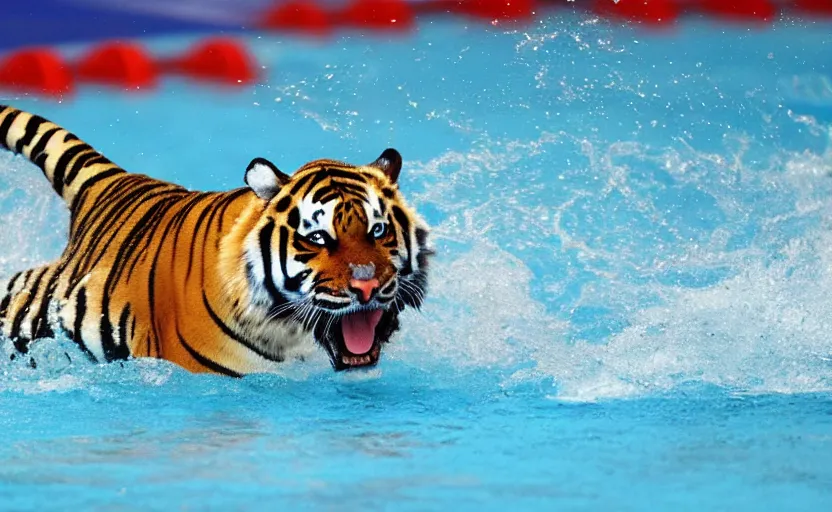 Prompt: a tiger swimming in the olympic games