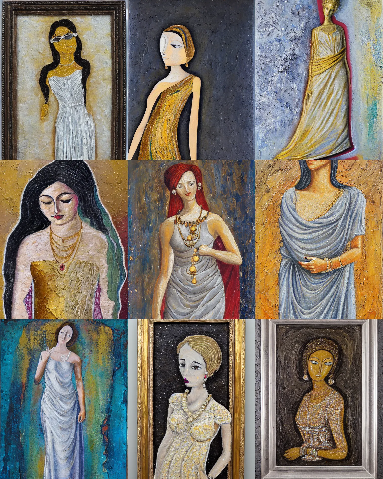 Prompt: female figure in maxi dress, silver and golden jewerly, impasto painting