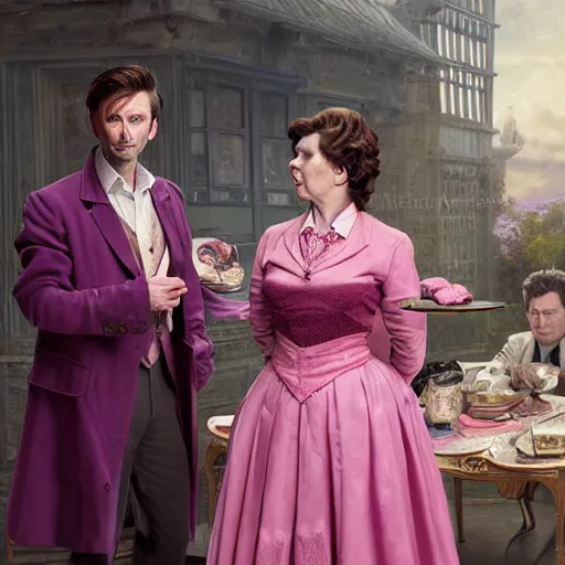 Image similar to david tennant and imelda staunton as dolores umbridge in pink clothes with the tenth doctor who, highly detailed, artstation, concept art, smooth, sharp focus, illustration, perfect face, art by willem claesz. heda, nikolay makovsky, jacek malczewski, arthur hughes, edward okun, franz xaver winterhalter