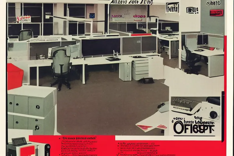 Prompt: a 1 9 8 5 electronics ad depicting an office in the style of andy zito