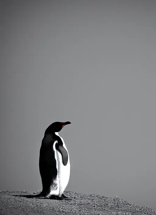 Prompt: two penguins black and white portrait white sky in background