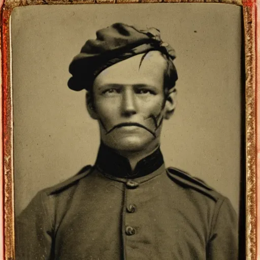 Image similar to civil war portrait of soldier sepia tattered image, with glowing red eyes and evil smile, real 1 8 6 0 photo,