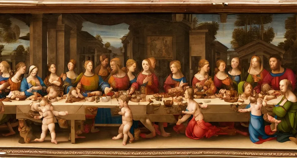 Image similar to a Renaissance painting in the style of Leonardo da Vinci of a symmetrical long table with many bottles of milk on top of it. A group of babies and toddlers are sitting at the table