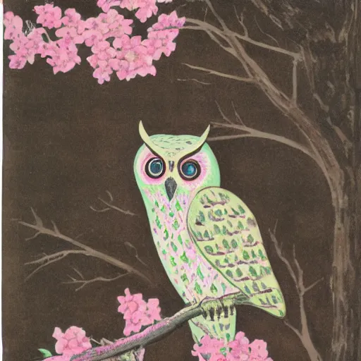 Image similar to owl in cherry blossom tree, color lithograph, museum catalog photograph