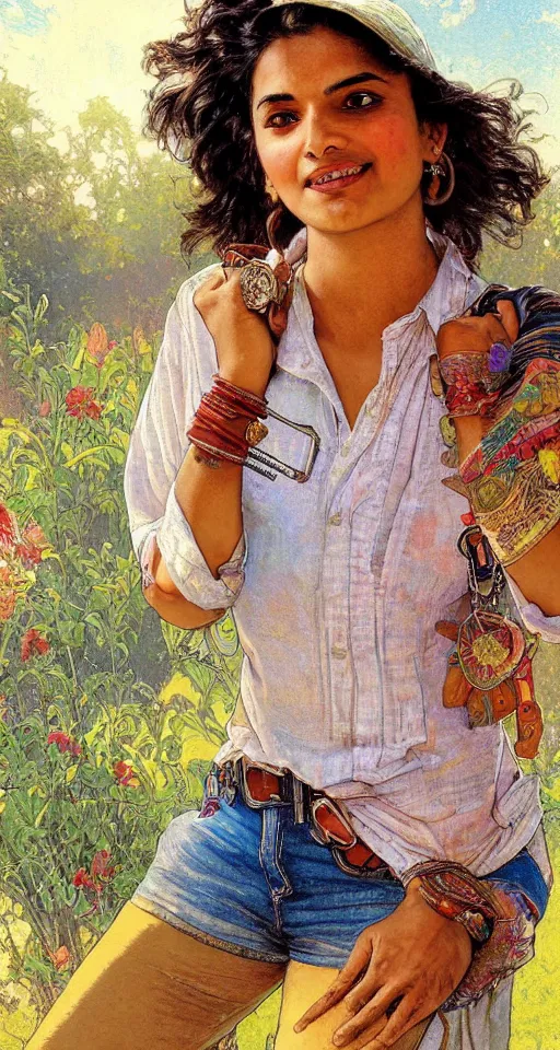 Image similar to close up a beautiful Indian doctor wearing jeans and a shirt in Texas in 2022, sun shining, photo realistic illustration by greg rutkowski, thomas kindkade, alphonse mucha, loish, norman rockwell.