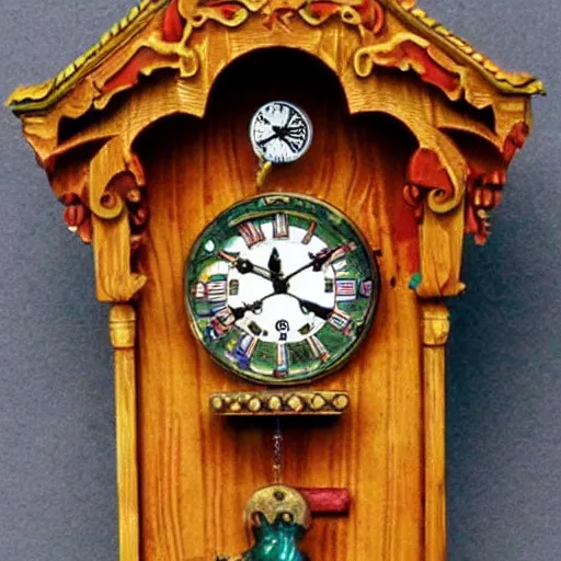Prompt: a highly detailed and surreal cuckoo clock, colorful, antique