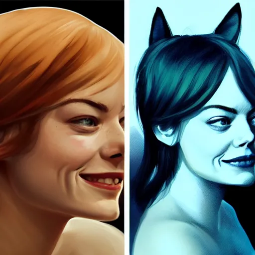 Prompt: face portrait : left - half is is sad emma stone from front in fox ears, right - half is smiling emma stone from front, fine details, realistic shaded lighting poster by greg rutkowski, magali villeneuve, artgerm, jeremy lipkin and michael garmash and rob rey