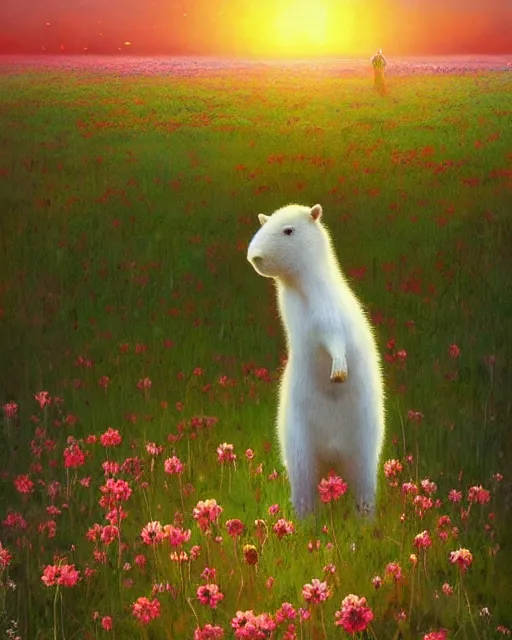 Image similar to white capybara!! looking at the sun in a flower field, surreal photography, sunrise dramatic light, impressionist painting, colorful clouds, digital painting, artstation, kilian eng, john harris, bastien lecouffe - deharme, simon stalenhag, flower face