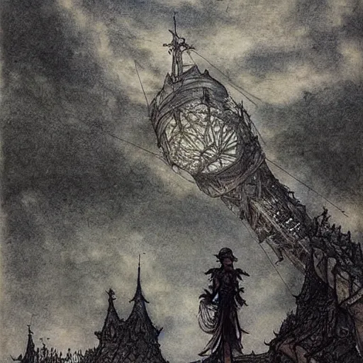 Prompt: Fantasy village, the inhabitant looking up at the sky. The sky is completely covered to the horizon by an incredibly giant airship-like ship. Extremely high detail, realistic, dark fantasy art, masterpiece, Arthur Rackham painting