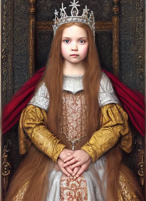 Prompt: highly detailed closeup portrait of a medieval princess wearing a crown and sitting on a throne, nicoletta ceccoli, mark ryden, lostfish, global illumination, god rays, detailed and intricate environment
