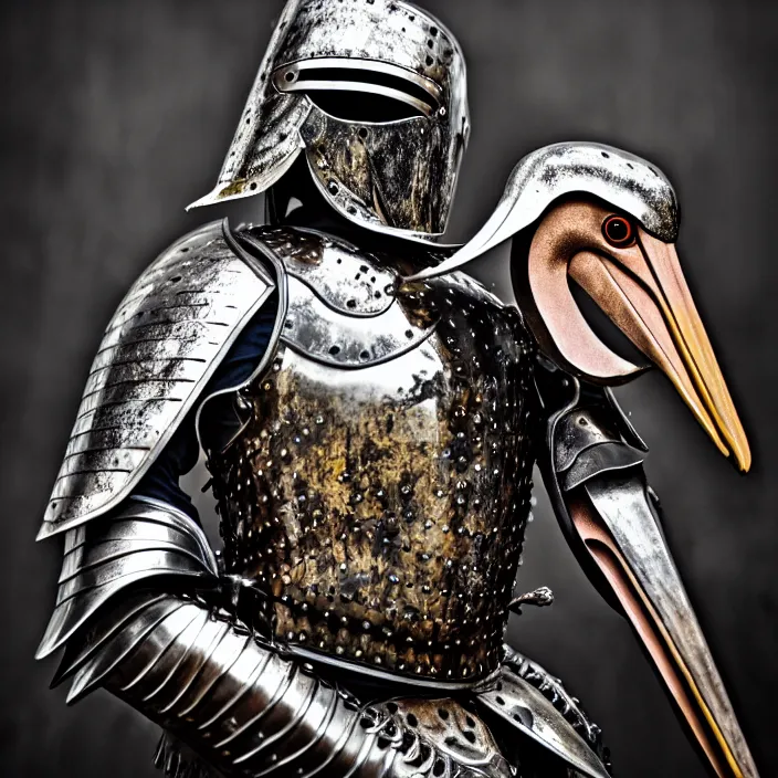 Image similar to photo of a warrior with metal pelican themed armour, highly detailed, 4 k, hdr, smooth, sharp focus, high resolution, award - winning photo