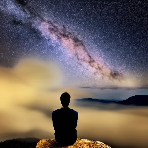 Image similar to 4K ultra HD detailed award-winning wallpaper of silhouette of man sitting on top of mountain cliff looking at huge vast sky storm Milky way