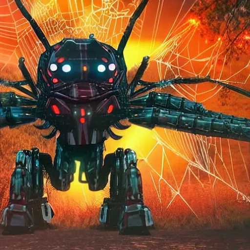 Image similar to a giant robot spider with wings and a single glowing red eye in the middle of an ethereal forest, lots of wires, demonic