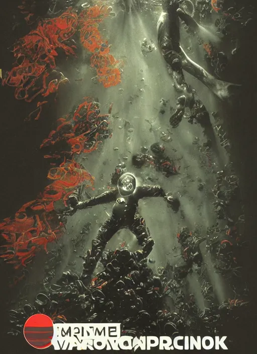 Image similar to astronauts in dark and empty void underwater - complex and hyperdetailed suit. reflection and dispersion materials. rays and dispersion of light. volumetric light. 5 0 mm, f / 3 2. noise film photo. flash photography. ultra realistic, wide angle. poster by wayne barlowe, hajime sorayama aaron horkey, craig mullins. dark key.