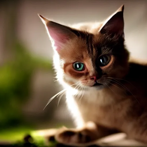 Image similar to munchkin cat, cinematic lighting, beautiful composition in the style of the island of dr moreau