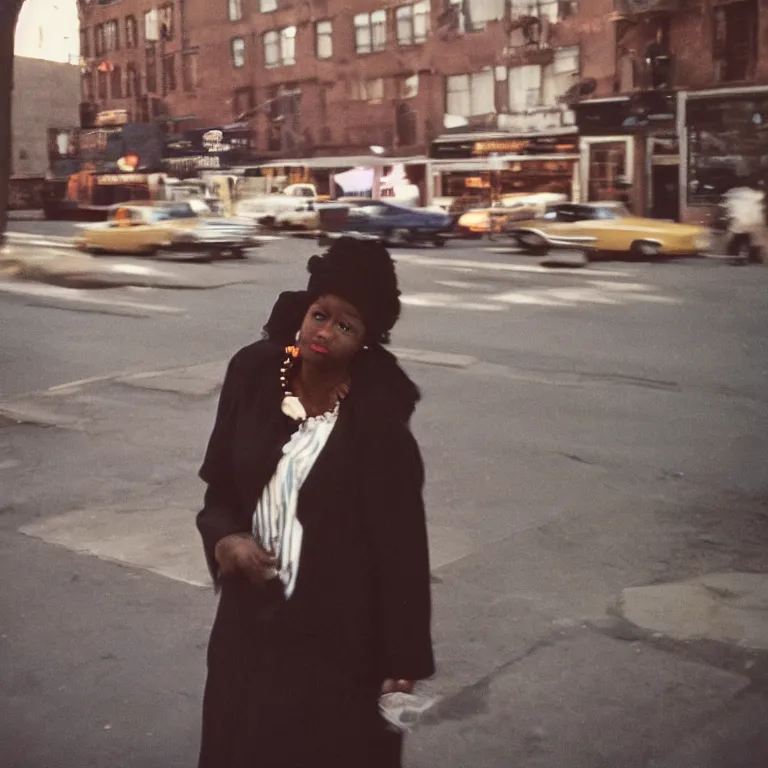 Prompt: analog medium format film high contrast portrait of woman in harlem, 1 9 6 0 s hasselblad film street photography, out of focus portrait of woman featured on unsplash, photographed on vintage expired colour film