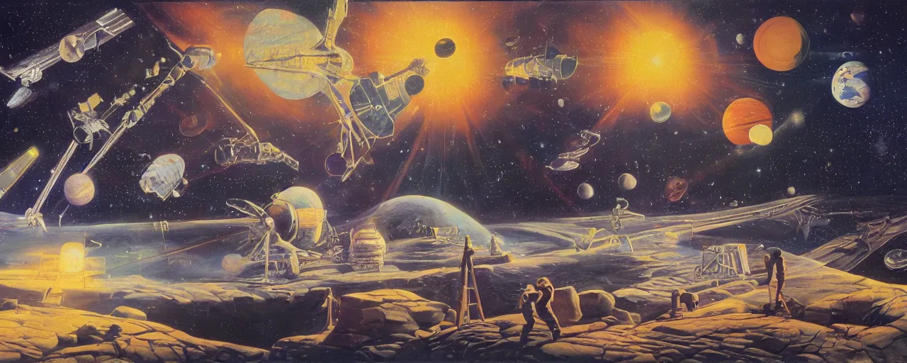 Image similar to a beautiful future for space program, astronauts and space colonies, utopian, by david a. hardy, wpa, public works mural