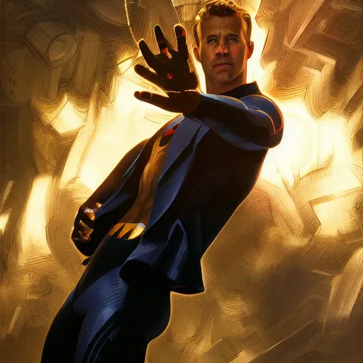 Image similar to ryan reynolds as a black and blue suit spider - man, cinematic, volumetric lighting, f 8 aperture, cinematic eastman 5 3 8 4 film, photorealistic by greg rutkowski, by stanley artgerm, by alphonse mucha