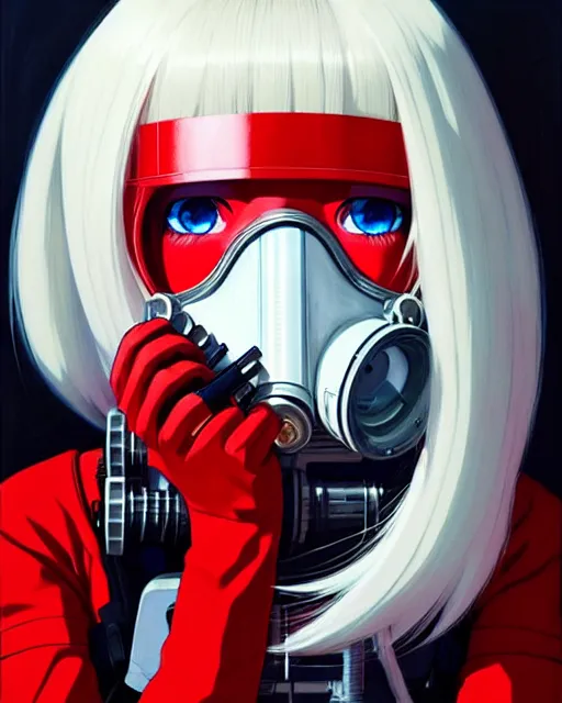 Image similar to white haired cyborg girl wearing a gas mask and red dress | | audrey plaza, fine detail!! anime!! realistic shaded lighting!! poster by ilya kuvshinov katsuhiro otomo ghost - in - the - shell, magali villeneuve, artgerm, jeremy lipkin and michael garmash and rob rey