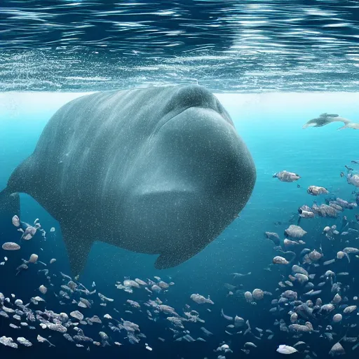 Prompt: hyperrealistic underwater photography, panoramic picture of an ocean floor with in the distance some baluga whales. focus on the whales. the whales are anatomically correct and highly detailed. lots of bubbles. seaweed and some rocks. gloomy scattered light entering from the water surface, trending on artstation, hq, 8 k