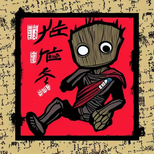 Image similar to baby groot and random japanese words with red and black colors as scarlxrd album cover
