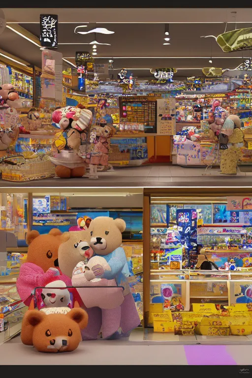 Prompt: teddy bears shopping for groceries in Japan, ukiyo-e,Maxon Cinema 4D ,cinematic lighting,cinematic shot,Rembrandt Lighting,OP Art,Optical Art Dan Mumford