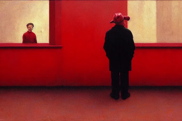 Image similar to only with red, a red old man try to sell a portrait, crowd cheering, in a city square, in the style of beksinski, parts by edward hopper, parts by rodcenko, parts by yue minjun, intricate and epic composition, red by caravaggio, insanely quality, highly detailed, masterpiece, red light, artstation, 4 k