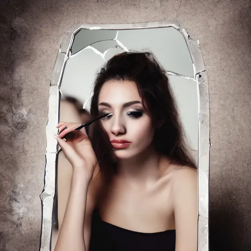 Image similar to a beautiful woman sitting at a vanity in front of a cracked mirror, beautiful face, fashion photography, elegant furniture, cracked mirror, cracks