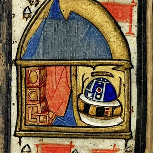 Image similar to a r 2 d 2 in a medieval manuscript, medieval manuscript, golden miniatures