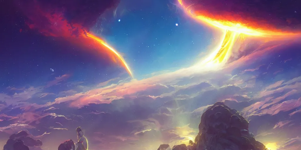 Image similar to inside a solar flare storm within the sun looking at the planet earth, unreal engine, fantasy art by greg, loish, rhads, ferdinand knab, tom bagshaw, makoto shinkai and lois van baarle, rossdraws, ilya kuvshinov, night lighting, trending on studio ghibli, highly detailed, 8 k, octane render