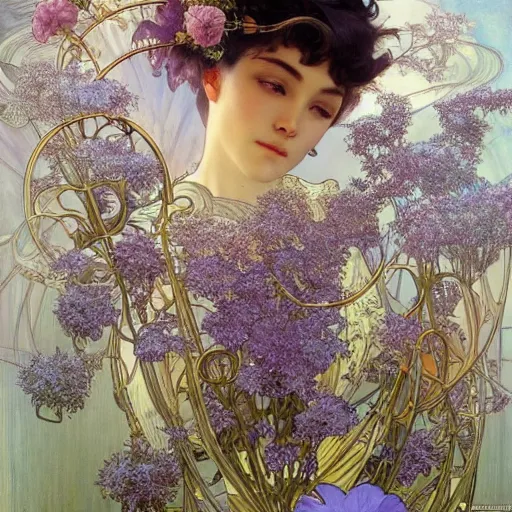 Prompt: perfume surrounded by artistic, blurred blue and lilac flowers, simple path traced, environment, up close shot shinji aramaki, karol bak, alphonse mucha