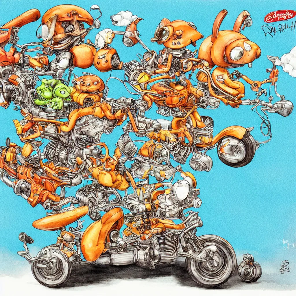 Image similar to cute and funny, squirrel wearing a helmet riding in a hot rod with oversized engine, ratfink style by ed roth, centered award winning watercolor pen illustration, isometric illustration by chihiro iwasaki, edited by range murata, tiny details by artgerm and watercolor girl, symmetrically isometrically centered, sharply focused