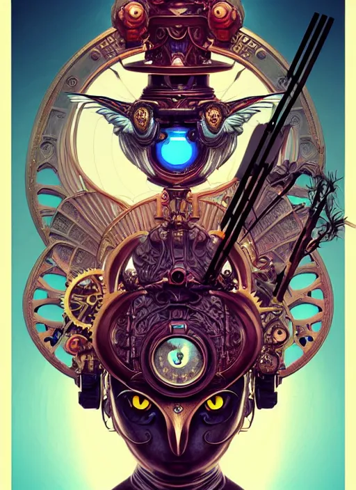 Image similar to the goddess artemis smirking, mechanical owl perched on shoulder, steampunk, glowing eyes, volumetric lights, red and cyan theme, art nouveau botanicals, intricate, highly detailed, digital painting, artstation, concept art, smooth, sharp focus, cinematic, illustration, beautiful face, art by artgerm and greg rutkowski and alphonse mucha