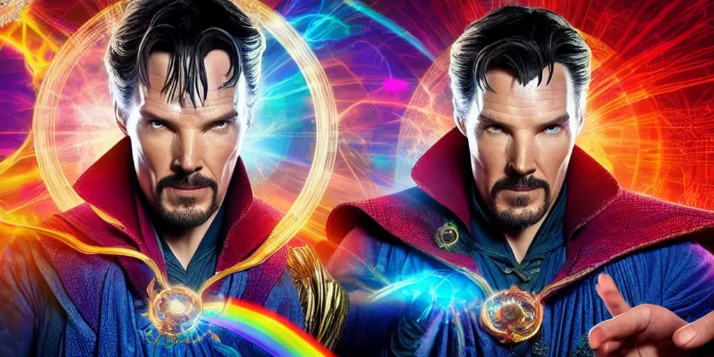 Prompt: doctor strange with the face of waya steurbaut hero combination rainbow glowing suite high resolution film render 100k, photo realistic, epic, colourful close up shot