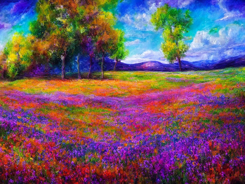 Image similar to an impressionist painting of a gorgeous meadow filled with colorful mushrooms with a stream flowing through it, psychedelic colors, colorful sky in background, high detail, trending on artstation