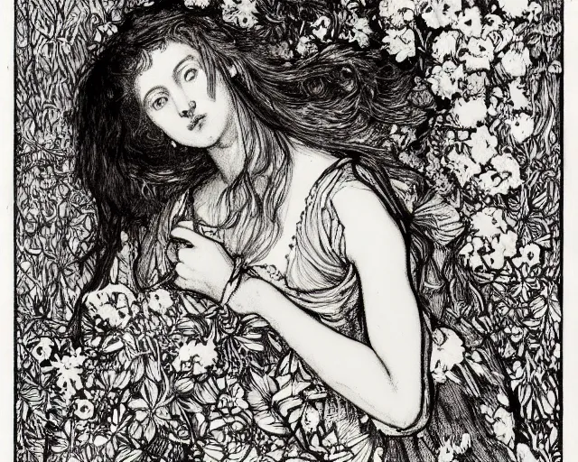 Prompt: ophelia by john everett millais, illustrated in the style of aubrey beardsley, black ink, decadent, floral, intricate line art