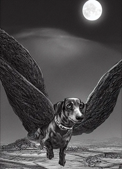 Image similar to a dachshund with angle wings, dark colors, moon in the background, sinister atmosphere, dramatic lighting, cinematic, establishing shot, extremely high detail, photo realistic, cinematic lighting, pen and ink, intricate line drawings, by Yoshitaka Amano, Ruan Jia, Kentaro Miura, Artgerm, post processed, concept art, artstation, matte painting, style by eddie mendoza, raphael lacoste, alex ross